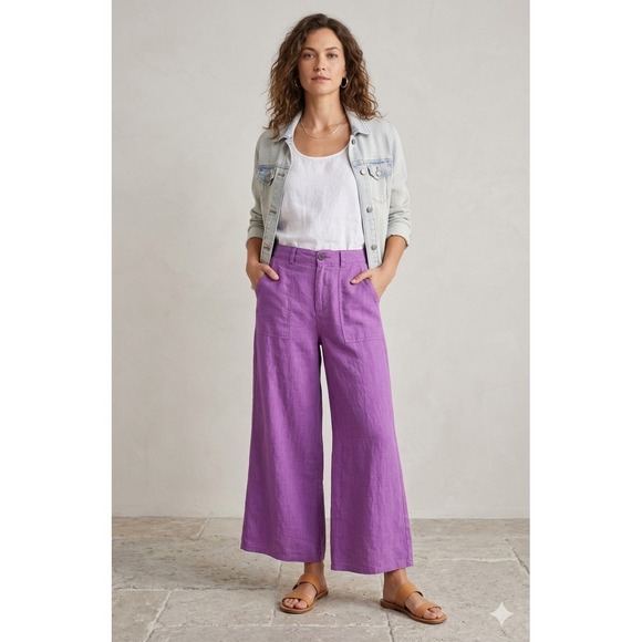Enza Costa Pants - Enza Costa Pants Women Large Purple Linen Wide Leg High Rise Pocket Casual